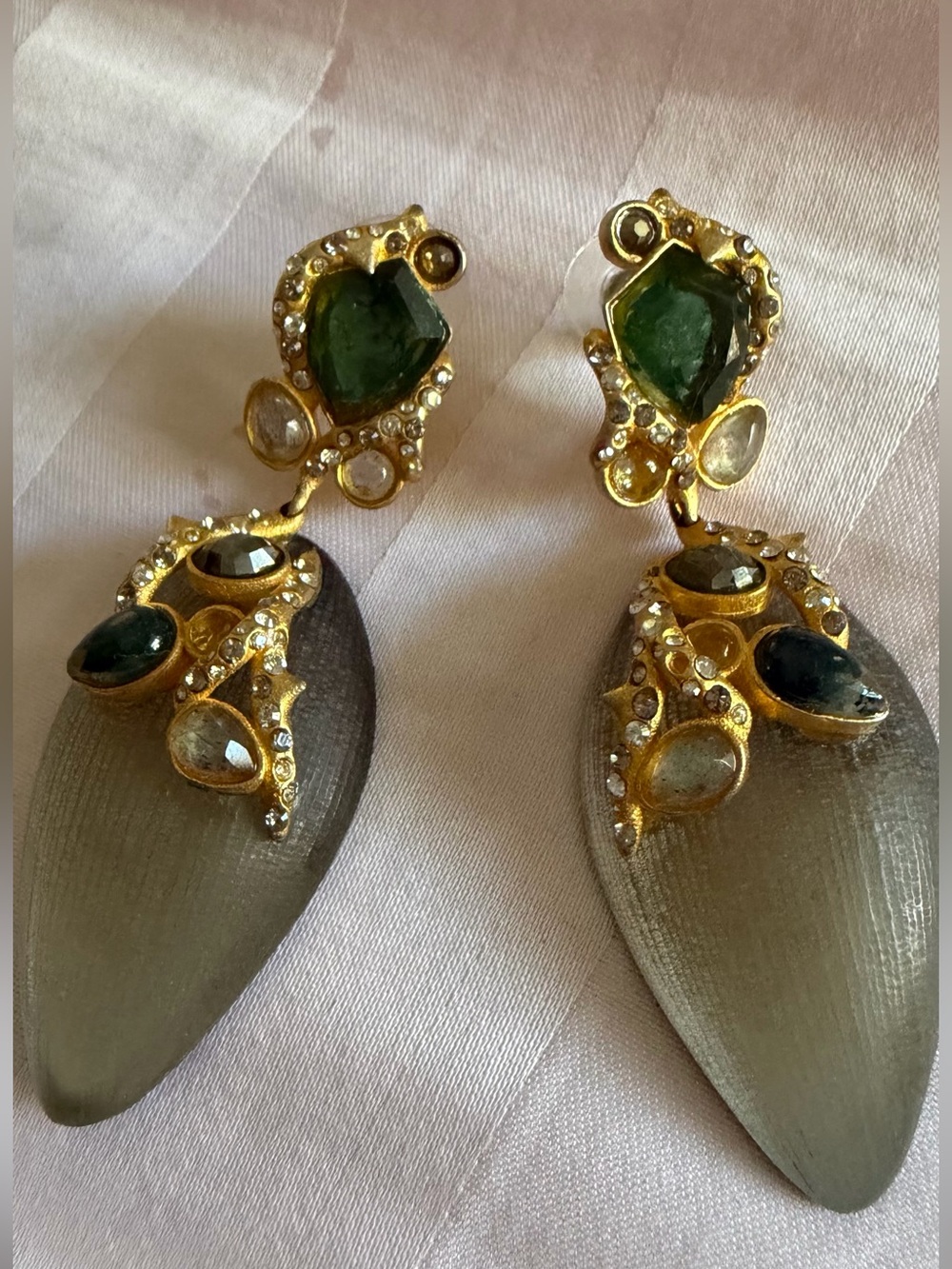Alexis Bittar Green Crystal & Gray Lucite Statement Drop Earrings